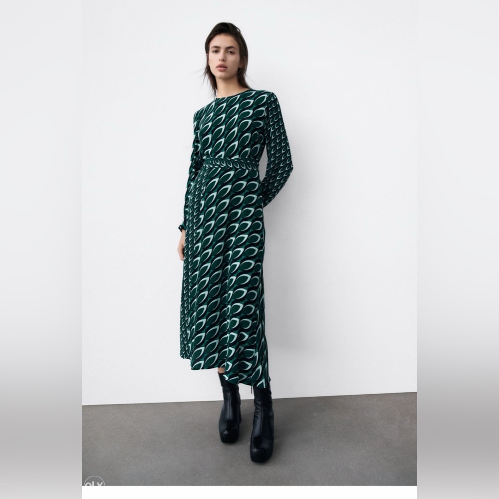 Zara Long Printed Dress w/Tie Belt